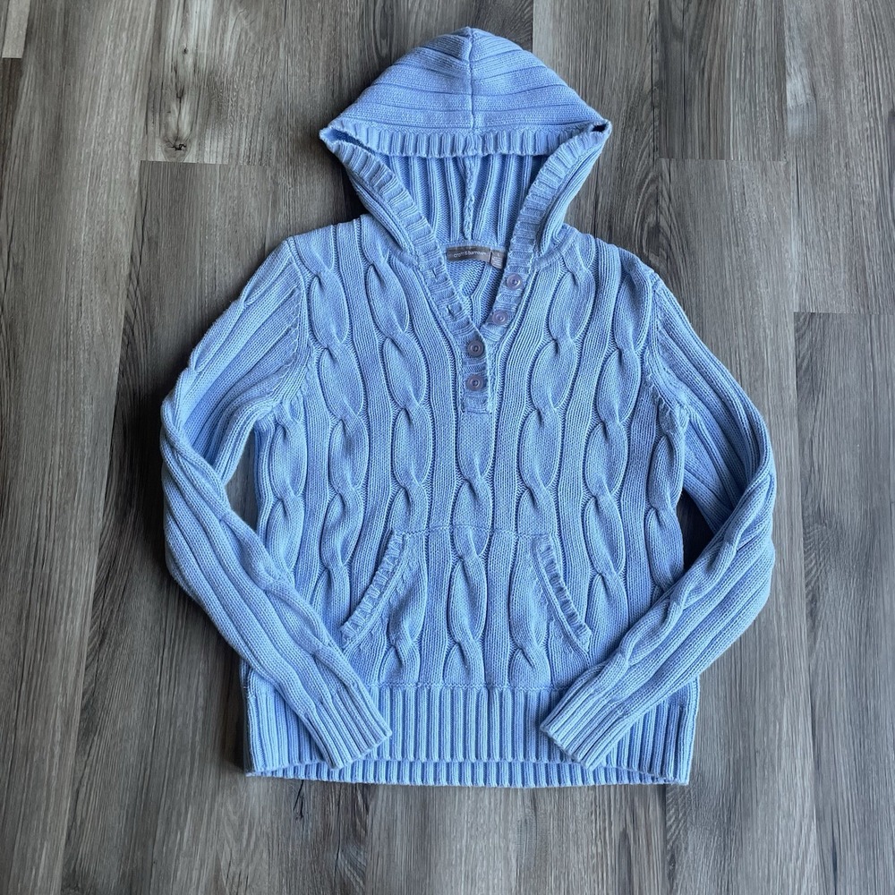 Y2K Croft & Barrow Pastel Blue Cable Knit Henley Sweater Women's Size L w/ Hood